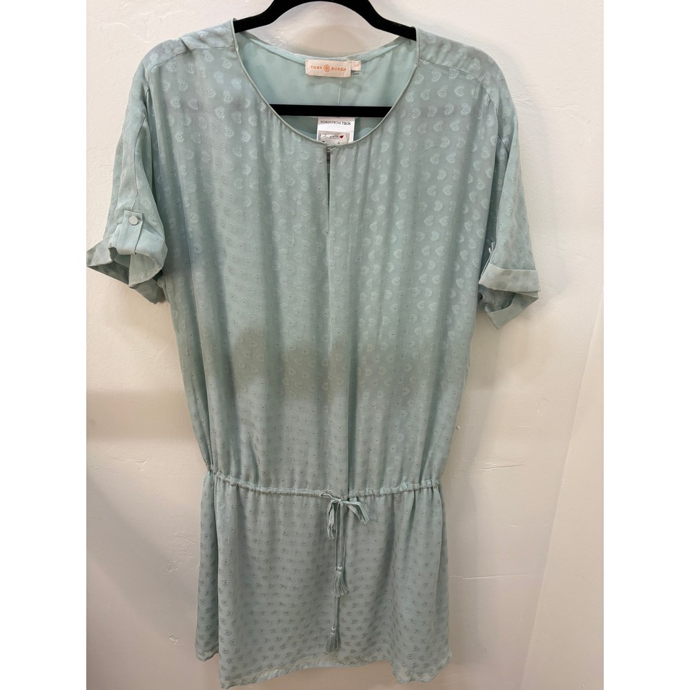 Tory Burch Silk Blend Jacquard Drawstring Waist Dress Seafoam Green Large 30707